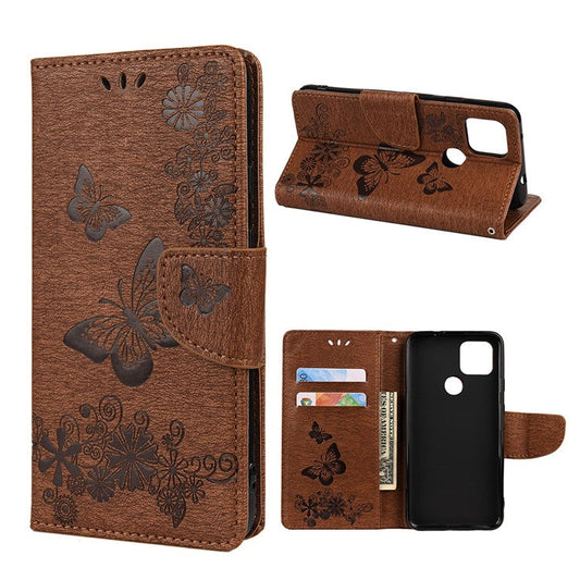 Butterfly Flower Imprint Leather Wallet Case with Stand for Google Pixel 4a 5G - Brown