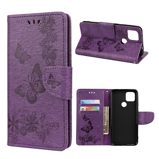 Butterfly Flower Imprint Leather Wallet Case with Stand for Google Pixel 4a 5G - Purple