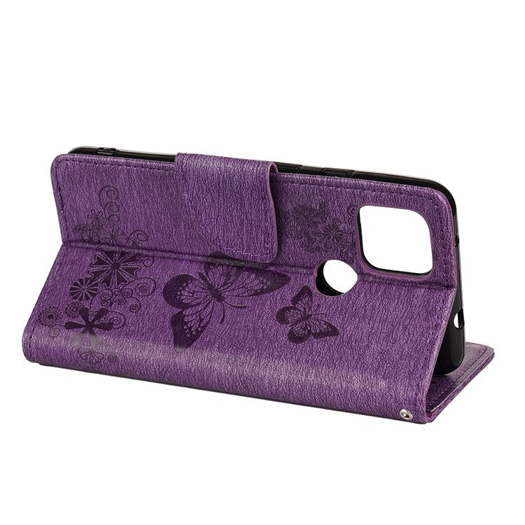 Butterfly Flower Imprint Leather Wallet Case with Stand for Google Pixel 4a 5G - Purple