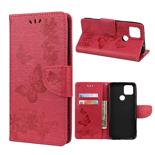 Butterfly Flower Imprint Leather Wallet Case with Stand for Google Pixel 4a 5G - Red