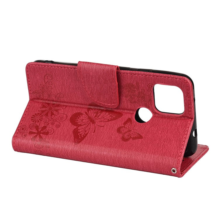 Butterfly Flower Imprint Leather Wallet Case with Stand for Google Pixel 4a 5G - Red