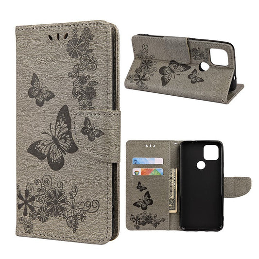 Butterfly Flower Imprint Leather Wallet Case with Stand for Google Pixel 4a 5G - Grey