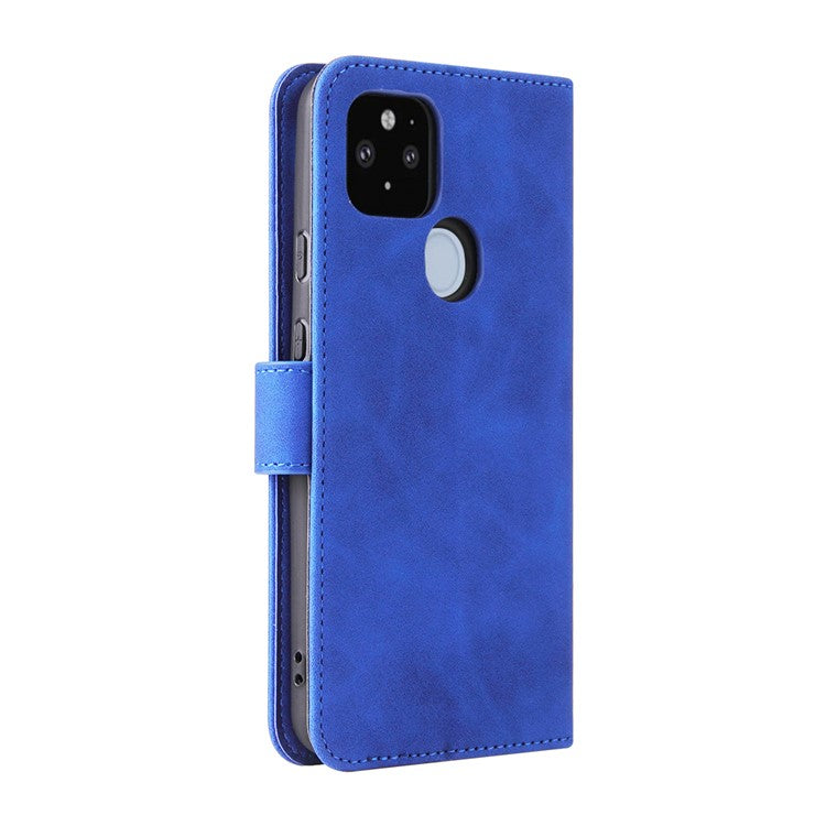 Skin-touch Folio Flip Leather Protective Shell for Google Pixel 5a 5G Wallet Stand Cover - Blue