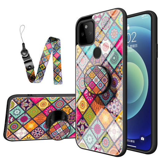 Colorful Flower Printing Design Hybrid Glass Case Phone Protector with Lanyard for Google Pixel 5a 5G - Color Pattern