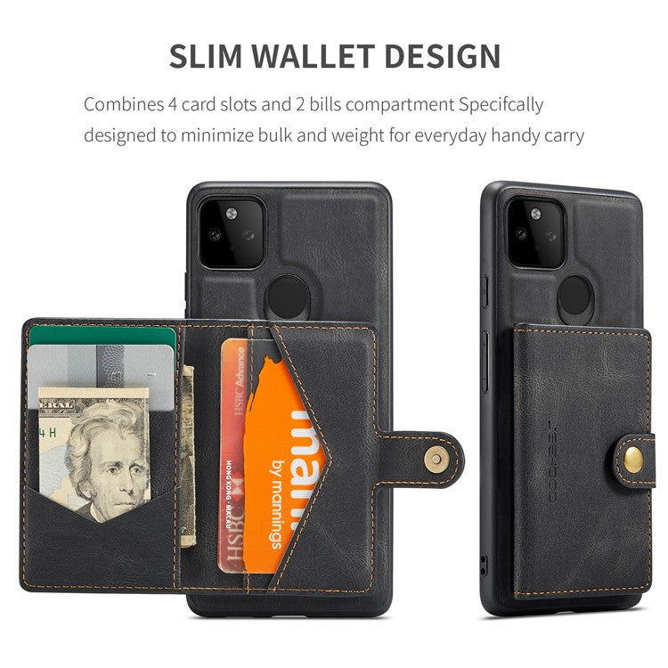 JEEHOOD Magnetic Clasp Wallet Design Detachable 2-in-1 Leather Coated TPU Phone Case for Google Pixel 5a 5G - Black