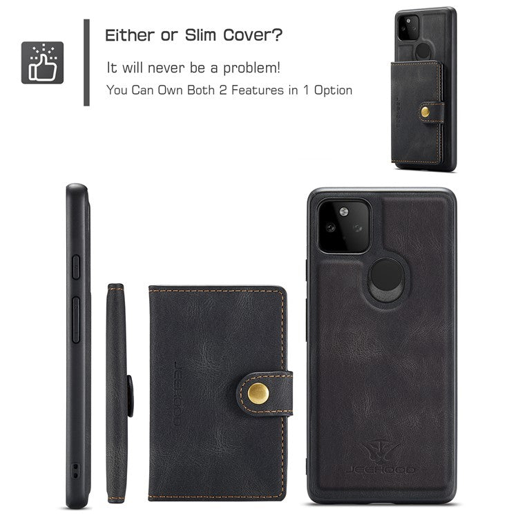 JEEHOOD Magnetic Clasp Wallet Design Detachable 2-in-1 Leather Coated TPU Phone Case for Google Pixel 5a 5G - Black