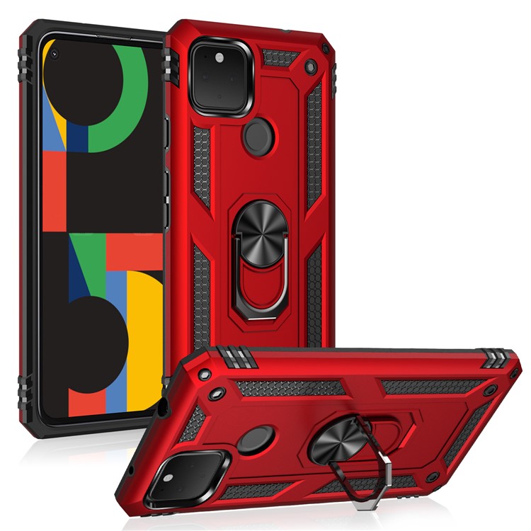 Hybrid PC + TPU + Metal Anti-Fall Finger Ring Kickstand Phone Case Shell for Google Pixel 4a 5G - Red