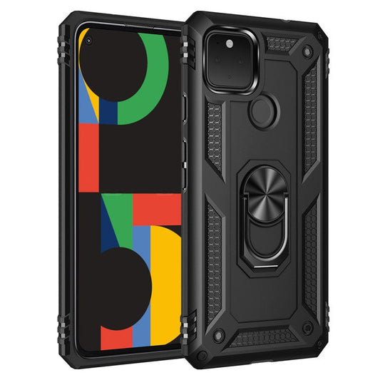 Hybrid PC + TPU + Metal Anti-Fall Finger Ring Kickstand Phone Case Shell for Google Pixel 4a 5G - Black