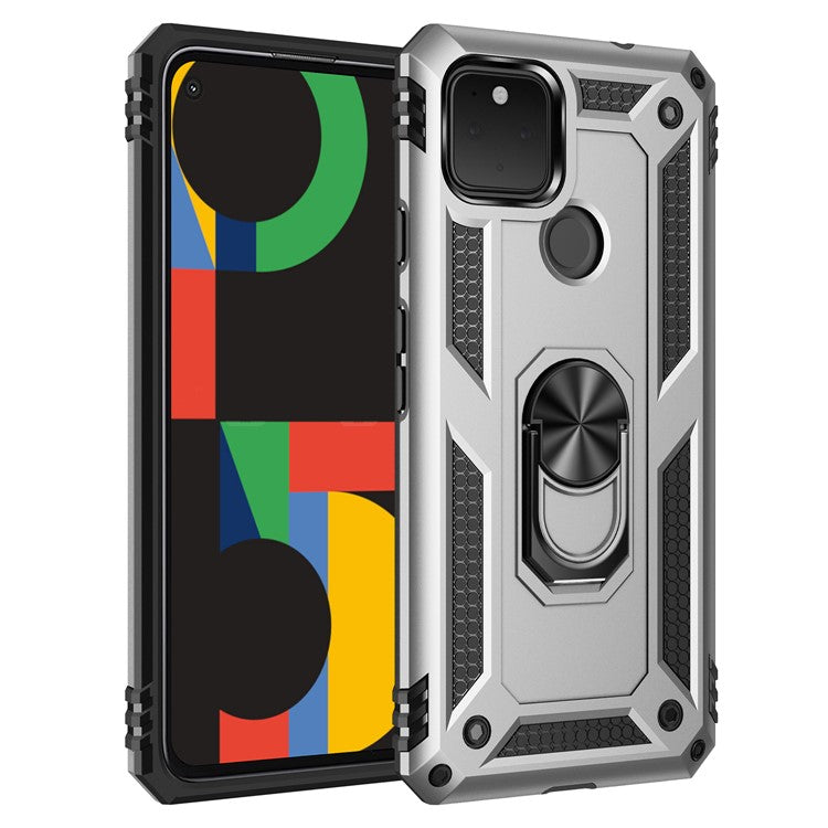 Hybrid PC + TPU + Metal Anti-Fall Finger Ring Kickstand Phone Case Shell for Google Pixel 4a 5G - Silver
