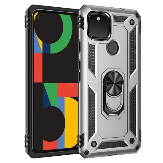 Hybrid PC + TPU + Metal Anti-Fall Finger Ring Kickstand Phone Case Shell for Google Pixel 4a 5G - Silver