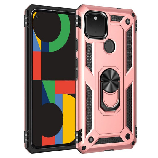 Hybrid PC + TPU + Metal Anti-Fall Finger Ring Kickstand Phone Case Shell for Google Pixel 4a 5G - Pink