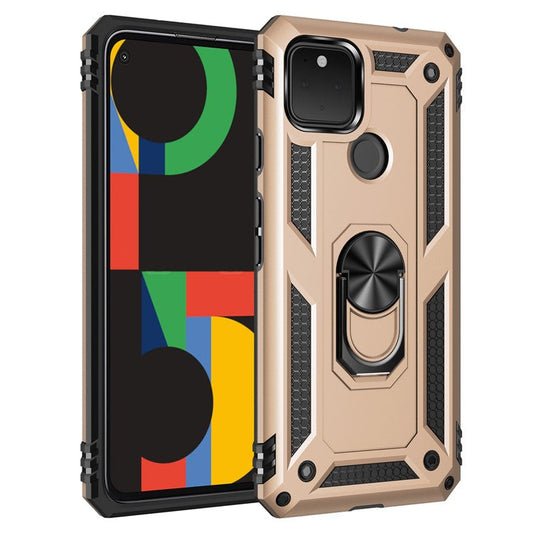 Hybrid PC + TPU + Metal Anti-Fall Finger Ring Kickstand Phone Case Shell for Google Pixel 4a 5G - Gold