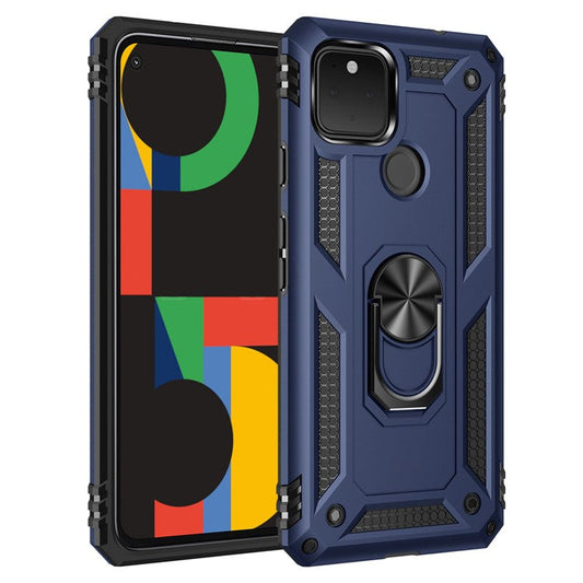 Hybrid PC + TPU + Metal Anti-Fall Finger Ring Kickstand Phone Case Shell for Google Pixel 4a 5G - Navy Blue