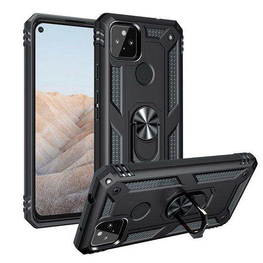 Anti-Fall Hybrid PC + TPU Phone Case Shell with Finger Ring Kickstand for Google Pixel 5a - Black