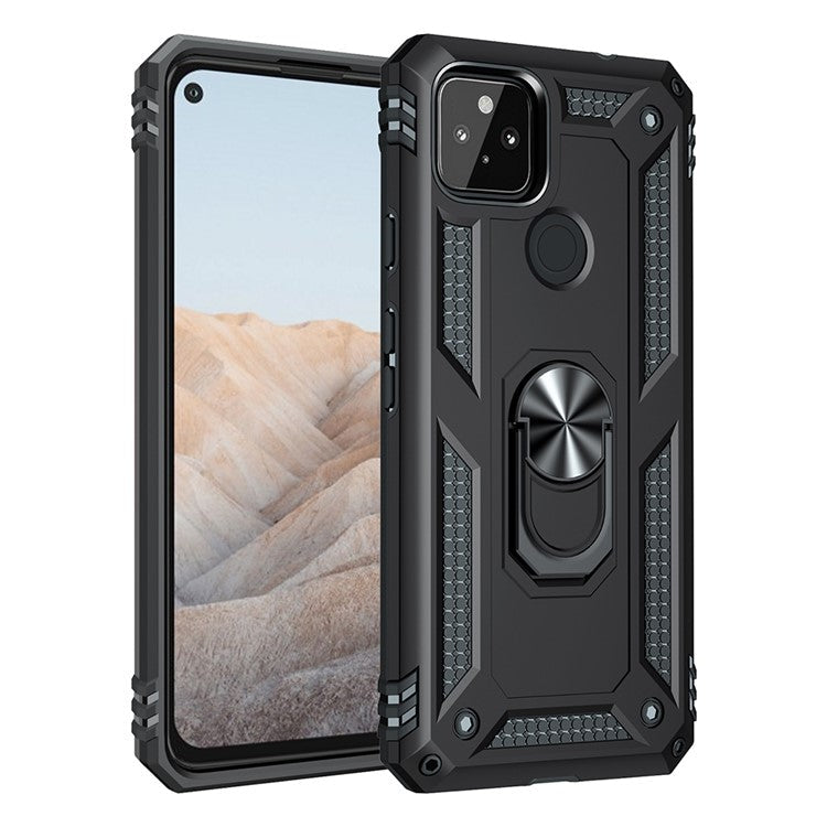 Anti-Fall Hybrid PC + TPU Phone Case Shell with Finger Ring Kickstand for Google Pixel 5a - Black