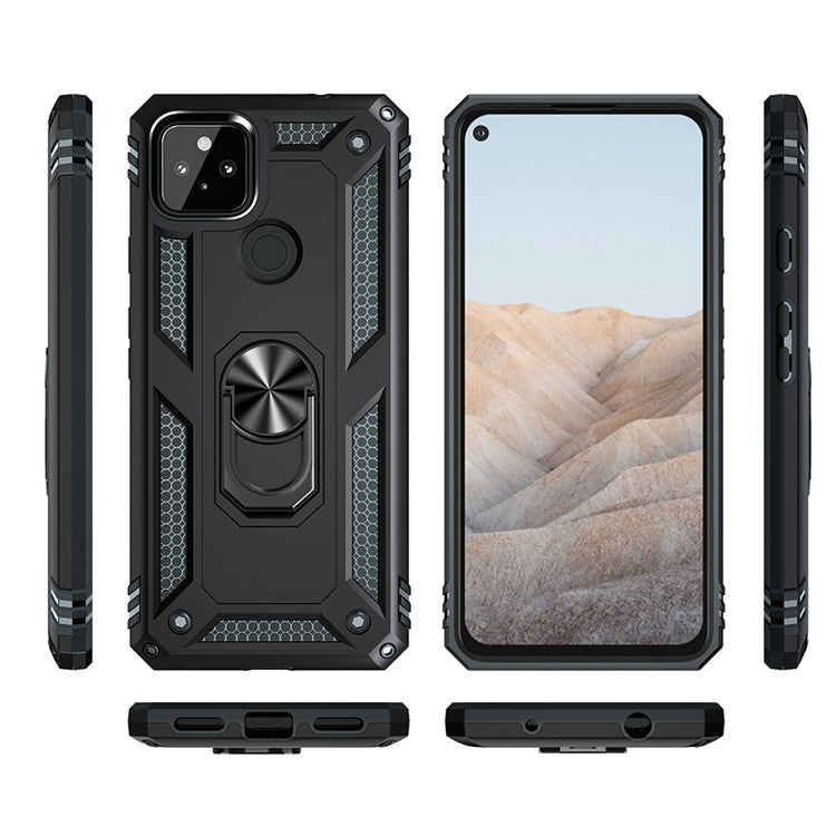 Anti-Fall Hybrid PC + TPU Phone Case Shell with Finger Ring Kickstand for Google Pixel 5a - Black