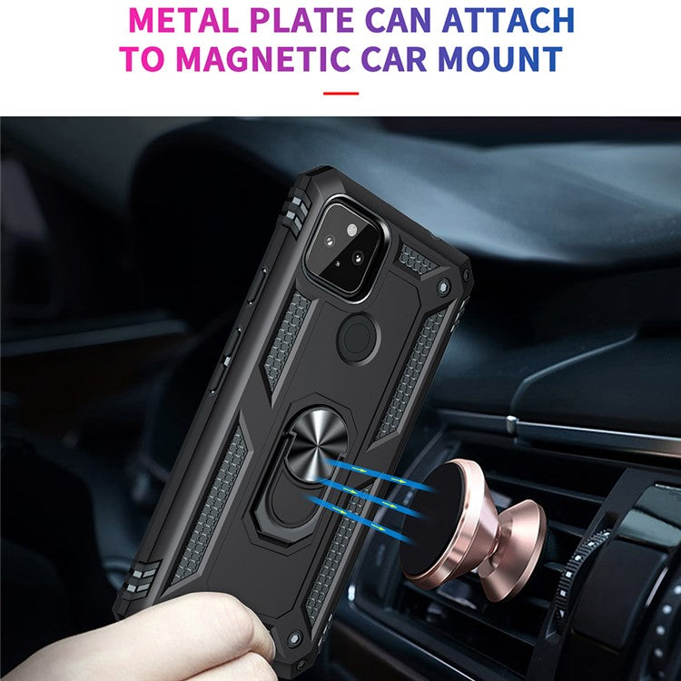 Anti-Fall Hybrid PC + TPU Phone Case Shell with Finger Ring Kickstand for Google Pixel 5a - Black