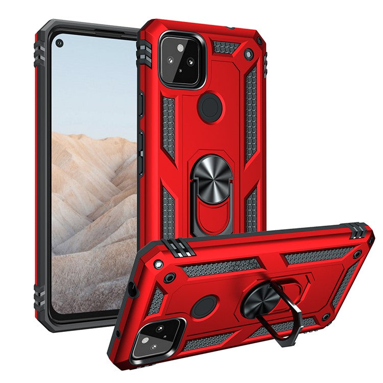Anti-Fall Hybrid PC + TPU Phone Case Shell with Finger Ring Kickstand for Google Pixel 5a - Red