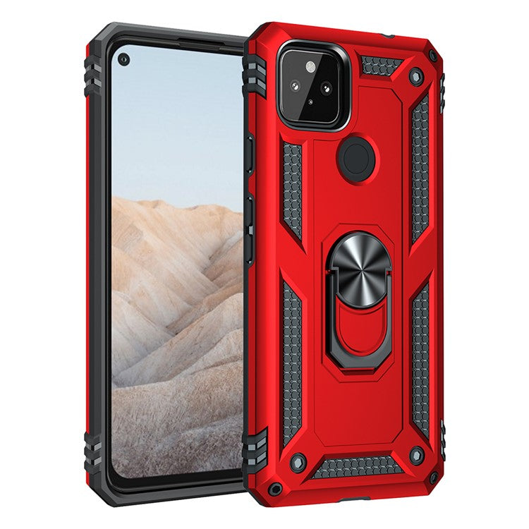 Anti-Fall Hybrid PC + TPU Phone Case Shell with Finger Ring Kickstand for Google Pixel 5a - Red