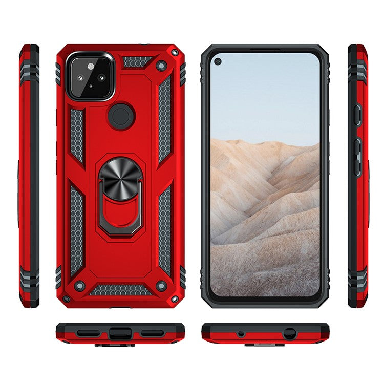 Anti-Fall Hybrid PC + TPU Phone Case Shell with Finger Ring Kickstand for Google Pixel 5a - Red