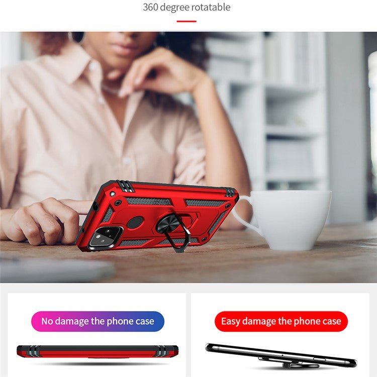 Anti-Fall Hybrid PC + TPU Phone Case Shell with Finger Ring Kickstand for Google Pixel 5a - Red