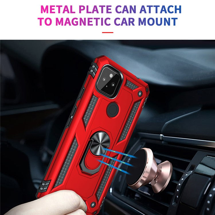 Anti-Fall Hybrid PC + TPU Phone Case Shell with Finger Ring Kickstand for Google Pixel 5a - Red