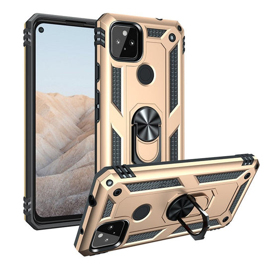 Anti-Fall Hybrid PC + TPU Phone Case Shell with Finger Ring Kickstand for Google Pixel 5a - Gold