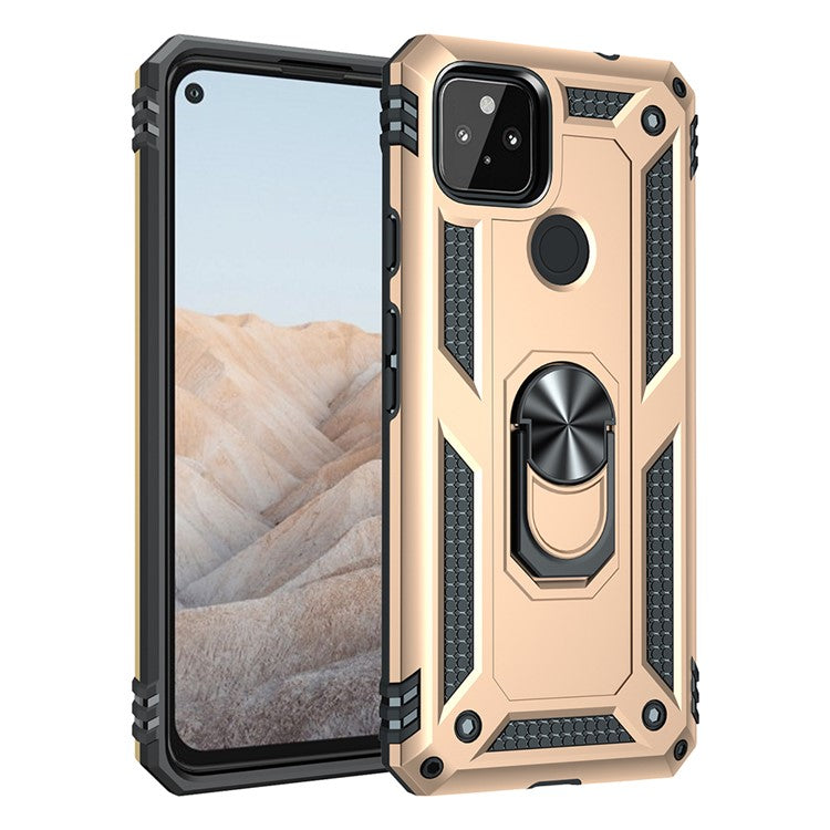 Anti-Fall Hybrid PC + TPU Phone Case Shell with Finger Ring Kickstand for Google Pixel 5a - Gold