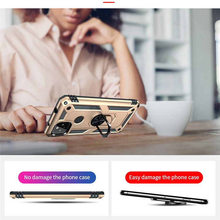 Anti-Fall Hybrid PC + TPU Phone Case Shell with Finger Ring Kickstand for Google Pixel 5a - Gold