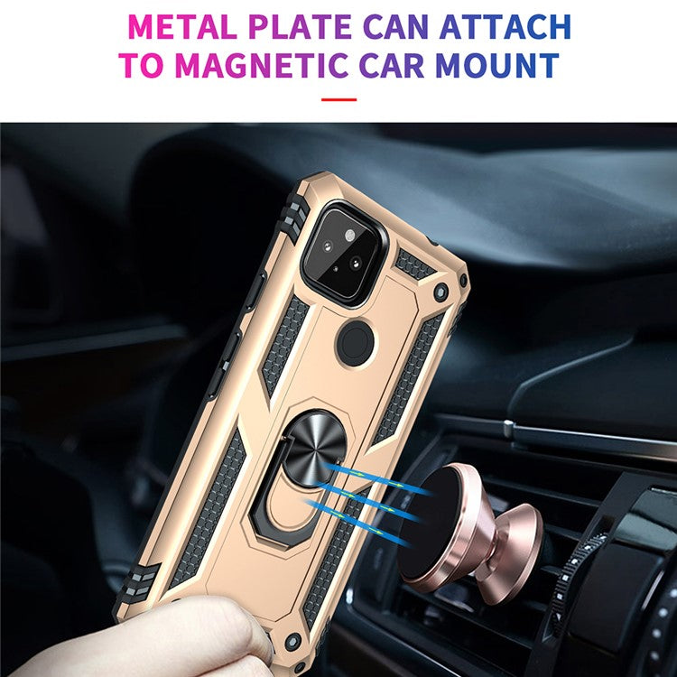 Anti-Fall Hybrid PC + TPU Phone Case Shell with Finger Ring Kickstand for Google Pixel 5a - Gold