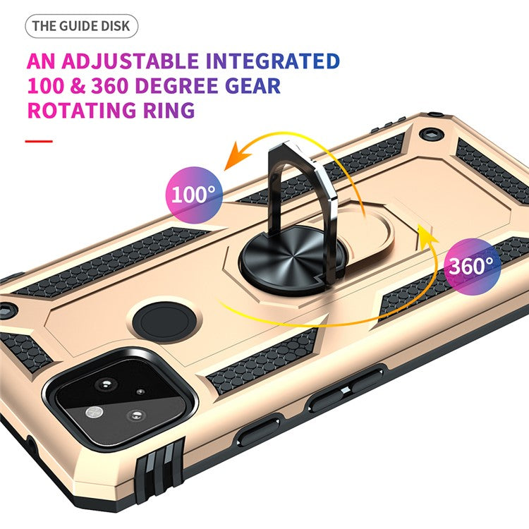 Anti-Fall Hybrid PC + TPU Phone Case Shell with Finger Ring Kickstand for Google Pixel 5a - Gold
