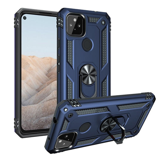 Anti-Fall Hybrid PC + TPU Phone Case Shell with Finger Ring Kickstand for Google Pixel 5a - Blue