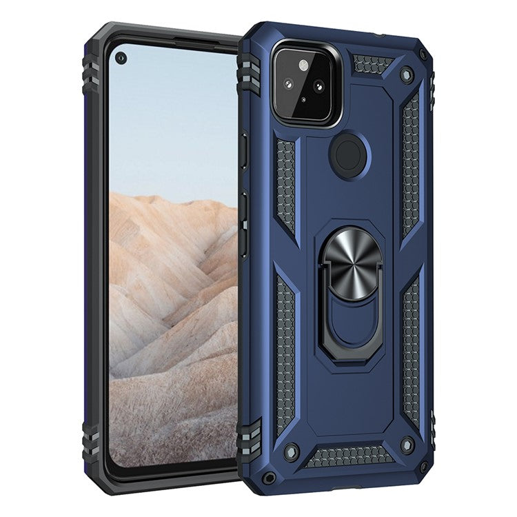 Anti-Fall Hybrid PC + TPU Phone Case Shell with Finger Ring Kickstand for Google Pixel 5a - Blue
