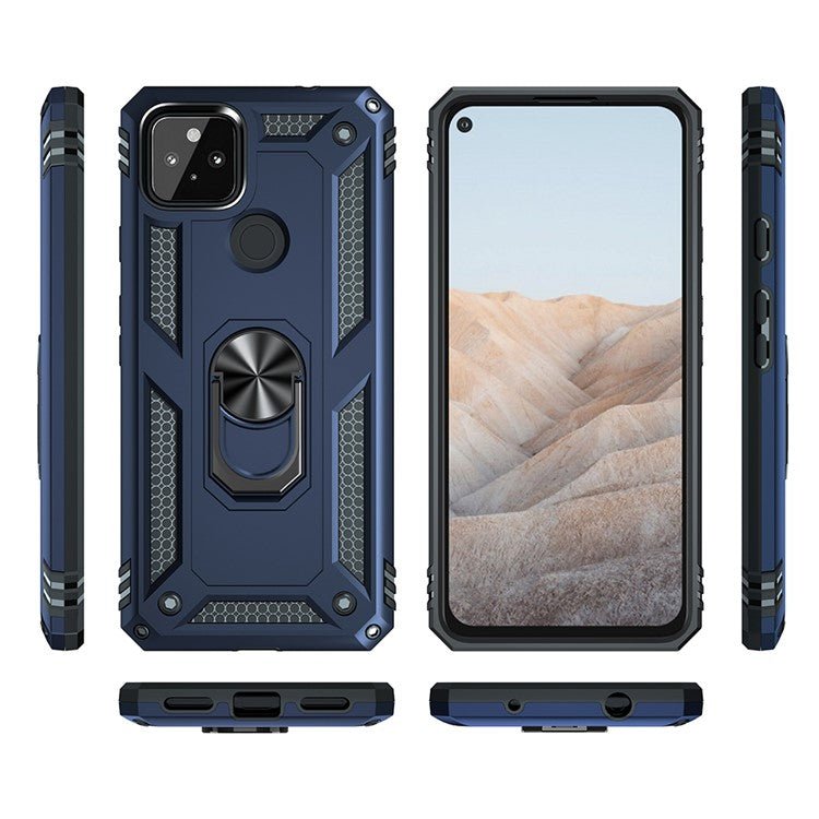 Anti-Fall Hybrid PC + TPU Phone Case Shell with Finger Ring Kickstand for Google Pixel 5a - Blue