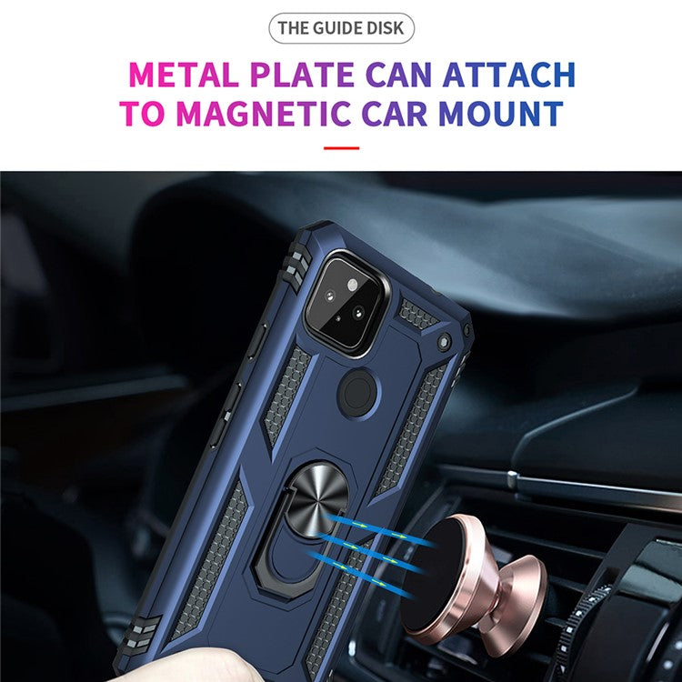 Anti-Fall Hybrid PC + TPU Phone Case Shell with Finger Ring Kickstand for Google Pixel 5a - Blue