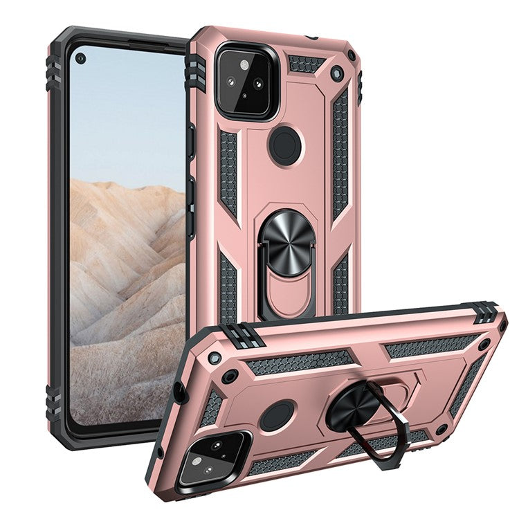 Anti-Fall Hybrid PC + TPU Phone Case Shell with Finger Ring Kickstand for Google Pixel 5a - Rose Gold