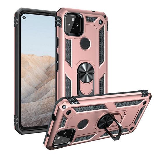 Anti-Fall Hybrid PC + TPU Phone Case Shell with Finger Ring Kickstand for Google Pixel 5a - Rose Gold