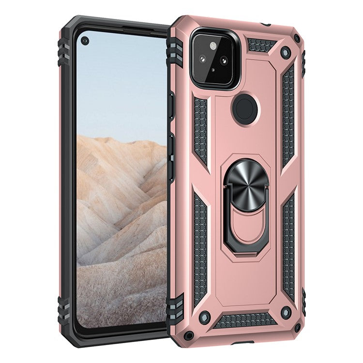 Anti-Fall Hybrid PC + TPU Phone Case Shell with Finger Ring Kickstand for Google Pixel 5a - Rose Gold