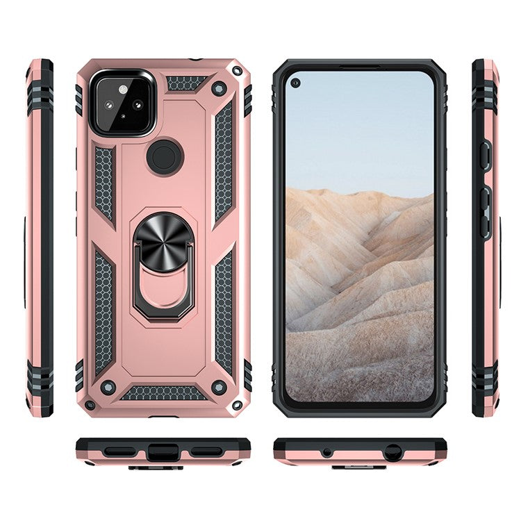 Anti-Fall Hybrid PC + TPU Phone Case Shell with Finger Ring Kickstand for Google Pixel 5a - Rose Gold