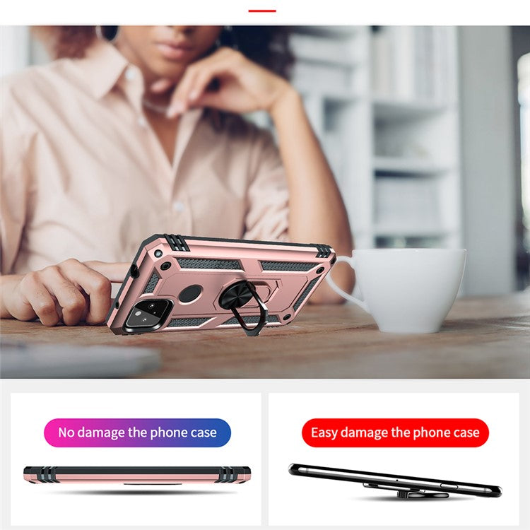 Anti-Fall Hybrid PC + TPU Phone Case Shell with Finger Ring Kickstand for Google Pixel 5a - Rose Gold