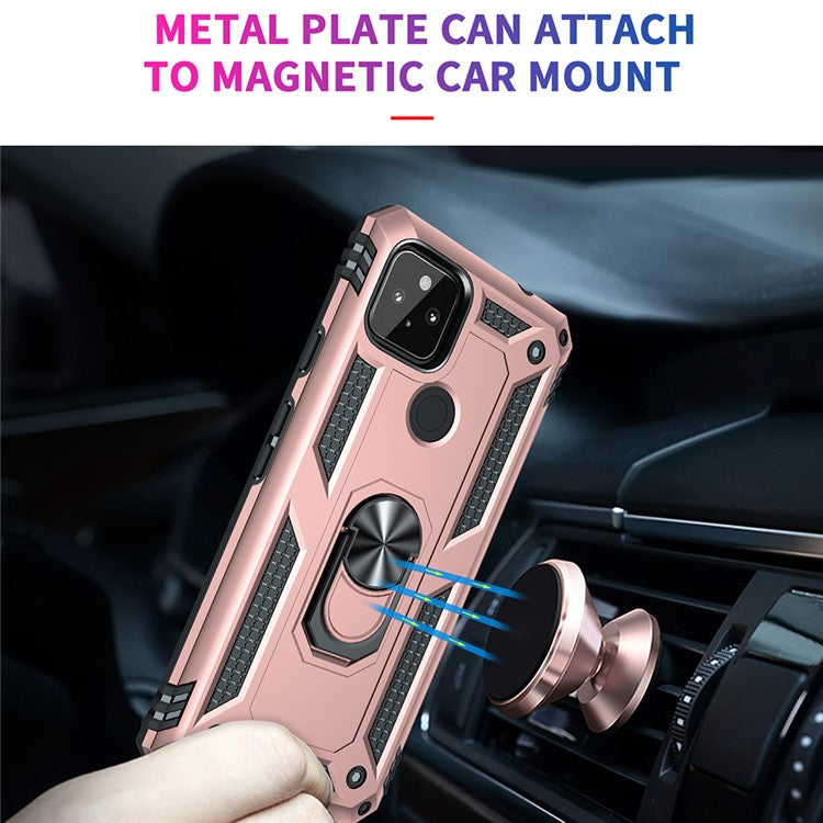 Anti-Fall Hybrid PC + TPU Phone Case Shell with Finger Ring Kickstand for Google Pixel 5a - Rose Gold