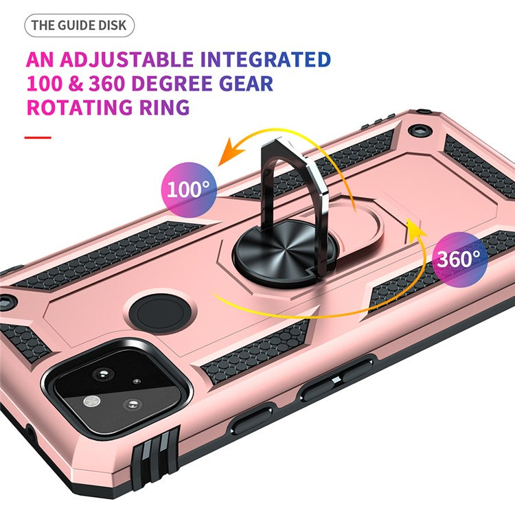Anti-Fall Hybrid PC + TPU Phone Case Shell with Finger Ring Kickstand for Google Pixel 5a - Rose Gold