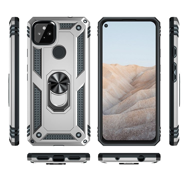 Anti-Fall Hybrid PC + TPU Phone Case Shell with Finger Ring Kickstand for Google Pixel 5a - Silver