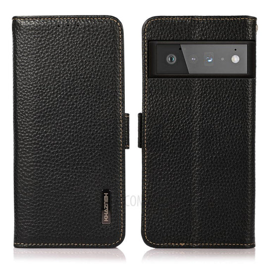KHAZNEH Litchi Texture Genuine Leather Anti-theft Swiping Design Stand Wallet Phone Case for Google Pixel 6 Pro - Black