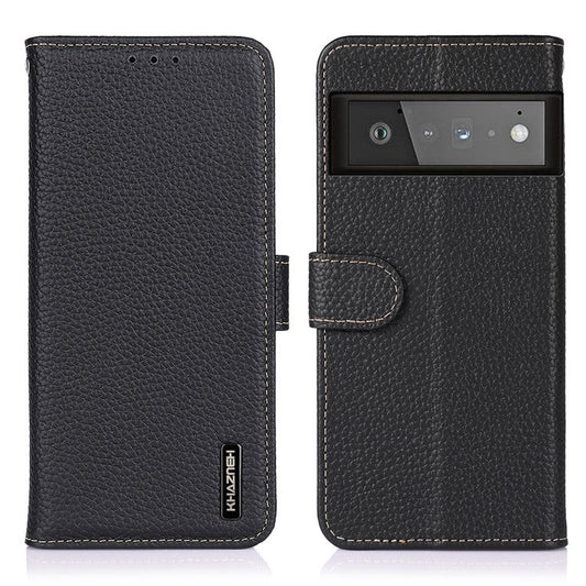 KHAZNEH Litchi Texture Top Layer Genuine Leather Wallet Stand Design Phone Case for Google Pixel 6 Pro - Black