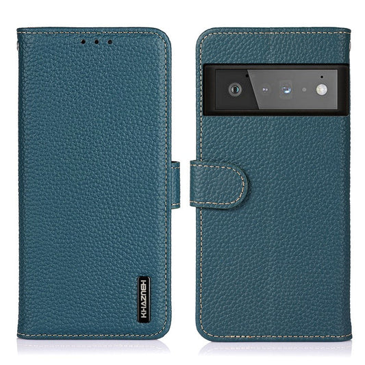 KHAZNEH Litchi Texture Top Layer Genuine Leather Wallet Stand Design Phone Case for Google Pixel 6 Pro - Green