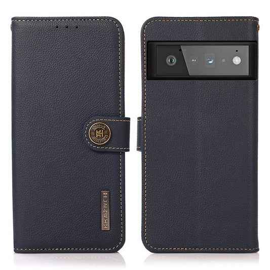 KHAZNEH Genuine Leather Phone Shell Case with RFID Anti-theft Swiping Design for Google Pixel 6 Pro - Blue