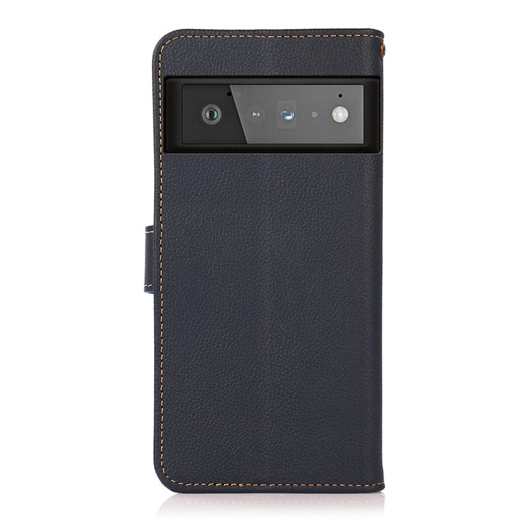 KHAZNEH Genuine Leather Phone Shell Case with RFID Anti-theft Swiping Design for Google Pixel 6 Pro - Blue