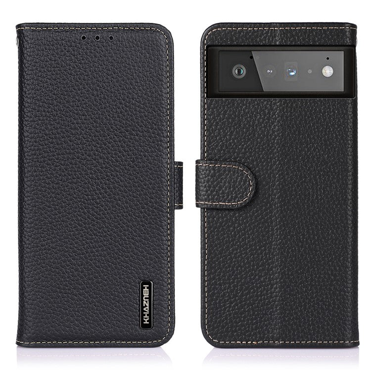 KHAZNEH Litchi Texture Top Layer Genuine Leather Phone Wallet Stand Case Protector for Google Pixel 6 - Black