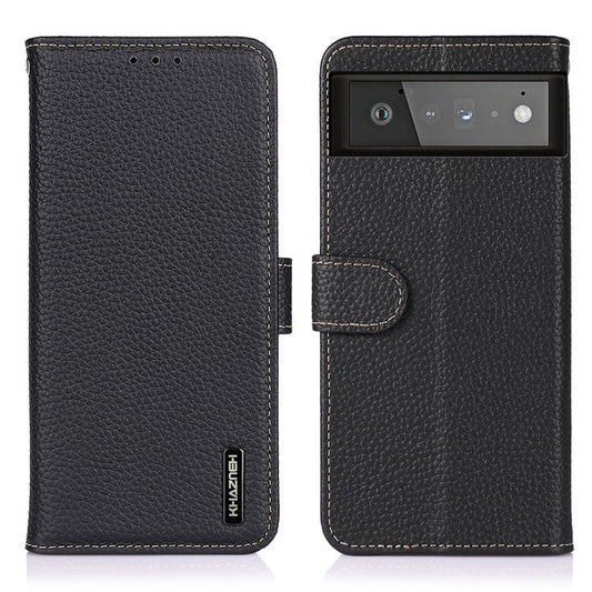 KHAZNEH Litchi Texture Top Layer Genuine Leather Phone Wallet Stand Case Protector for Google Pixel 6 - Black